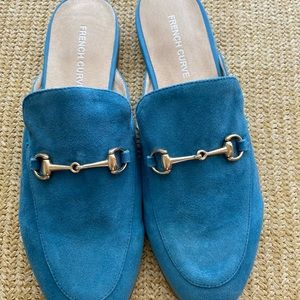 French Curve Loafer Slides, French Blue Suede, Size 7